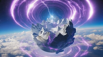A massive cracked planet hovering near a swirling black hole. Floating mountain fragments slowly spiral in the sky. The terrain pulses with violet and magenta energy veins. Light bends and flickers - Powered by Adobe