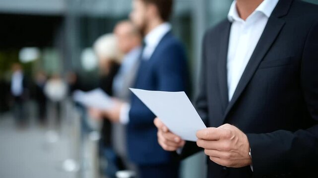 People in formal wear hold folders and application packets as they queue up near an information desk, eager to make professional connections