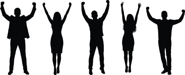 Celebrating people with raised arms, silhouette group of happy men and women, black vector illustration, isolated, success, motivation, celebration pose