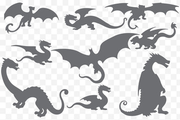 Flying dragon silhouette icon set in bold black style with variations of fantasy winged creatures eps 10