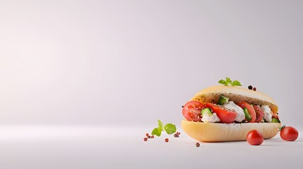 A delicious savory delight sandwich with fresh tomatoes, cucumbers, and creamy cheese filling sits on a white background offe ample copy space for text or ing.