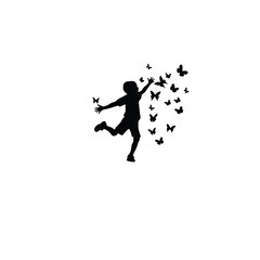 child chasing butterflies silhouette on white background