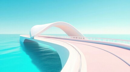 Pastel pink and white bridge curving over turquoise water