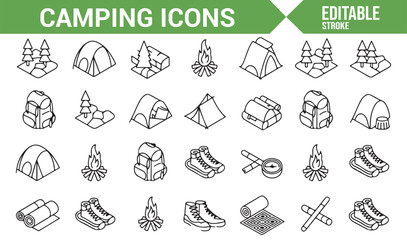 Fototapeta premium Set of illustrations of camping essentials, from tents to hiking boots and campfires.