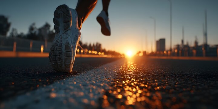 Dynamic low-angle close-up on a runner's feet in pristine white shoes, captured mid-stride on an asphalt road. The scene is backlit by the golden light of sunrise, creating a motivational feel.