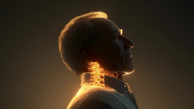 Glowing vestibular system and cervical spine are highlighted in an elderly man's neck as he moves his head from a backward tilted position to a neutral position facing sideways