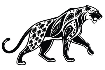 Black patterned jaguar strides forward, showcasing tribal tattoo style illustration in monochrome color with ornamental design