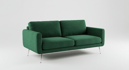 Fototapeta premium A modern green two seater sofa with metal legs on a white background studio shot