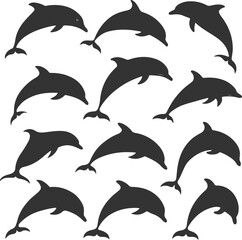 Set of Dolphin Silhouettes Black Vector Illustration of Marine Mammals
