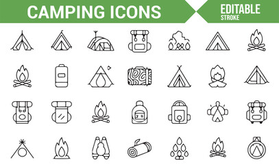 Camping and outdoor activity icons for use in travel, adventure, and tourism designs.