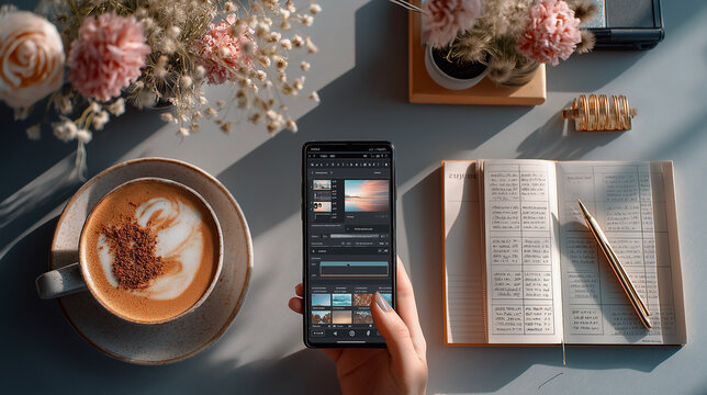 flat lay of smartphone with video editing app, coffee, and planner on content creator desk

