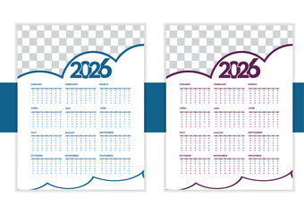 Unique modern colorful 2026 new year calendar design.New Calender design template 2026 vactor design wall calender12 month.Wall calendar design template for 2026, minimalist, clean, and elegant design