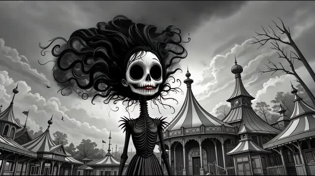 Creepy doll-like girl with skull face and wild black hair stands in front of gothic circus tents under dramatic cloudy sky. Concept of dark fantasy and surrealism