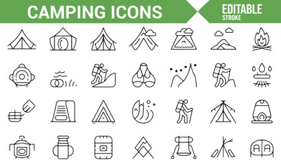 Collection of camping icons showcasing tents, backpacks, boots, and campfires.