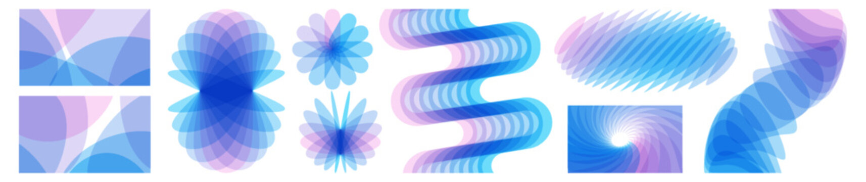 Set of shapes created from overlapping translucent elements. A wavy signal waveform. Rotation and swirling movement. Flower. 3d vector for brochure, banner, flyer, cover or presentation.