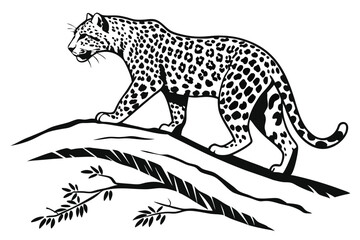 Spotted leopard gracefully traverses a fallen log with a watchful eye in this monochrome image