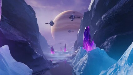 A vast icy desert dark purple sky, dotted crystalline monoliths glowing neon blue pink veins. massive planet looms sky shadows. Light reflects ice music vibes, cinematic wide, futuristic movements - Powered by Adobe