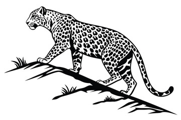 Detailed leopard traverses a stark black branch, rendered with crisp, precise lines