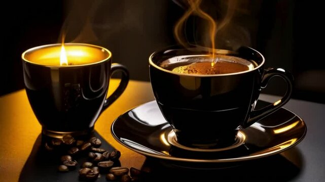 Vajilla negra y dorada , caf&eacute; o te en fondo negro de telas con luz de estudio