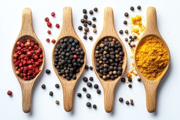 Four wooden Spoons filled with colorful spices, including peppercorns and turmeric powder, lie on a plain white background, creating an arrangement for culinary usage