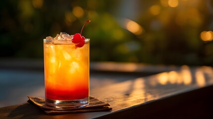 Refreshing tropical cocktail with cherry garnish served on a wooden table at sunset, vibrant colors