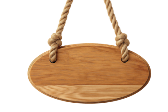 Empty oval  wooden sign suspended from ropes, ready for custom messaging against transparent backdrop 