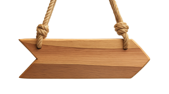 Weathered wooden sign suspended from ropes, ready for custom messaging against transparent backdrop 