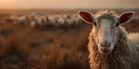 Photorealistic portrait of a curious sheep looking directly at the camera. The background shows a vast, sun-drenched prairie with a blurred flock, all backlit by the warm, golden hour sun.