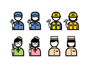 シンプルなカラーの職業イラストアイコンセット（整備士・大工・画家・ホテルスタッフ）