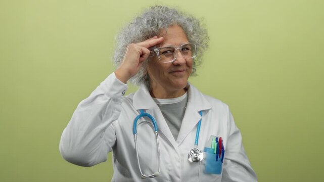Woman doctor with grey hair and glasses in white coat gestures on yellow background, showcasing expertise with stethoscope and pens in breast pocket.