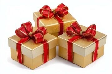Obraz premium Three beautifully wrapped gift boxes with red ribbons, perfect for celebrations and special occasions.