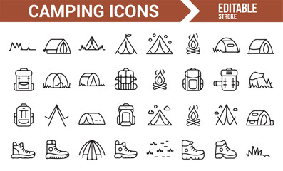 Vector icons of camping gear and outdoor essentials for adventure enthusiasts