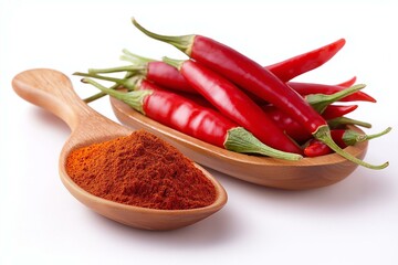 Vibrant red chili peppers and chili powder arranged on a wooden spoon, showcasing fresh ingredients for cooking.
