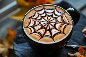 A beautifully crafted coffee with intricate chocolate web art, perfect for cozy fall mornings or seasonal gatherings.