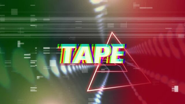 Splitting green red background pulsing neon triangles in glowing dot tunnel, TAPE text glitching