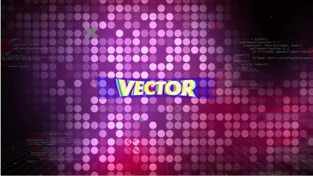 Glitching VECTOR logo reacting to fade-in over dot grid while code lines sliding and icons flashing