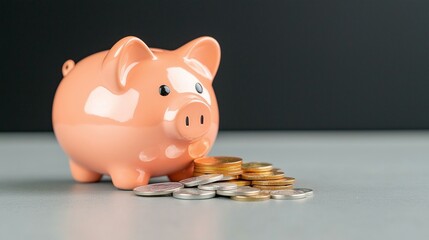 A charming piggy bank with coins scattered around, symbolizing savings and financial planning.