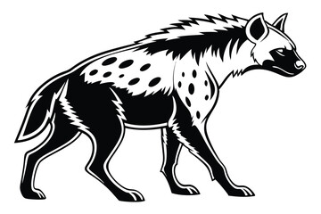 An isolated monochrome spotted hyena is illustrated, standing, in stark black and white visuals