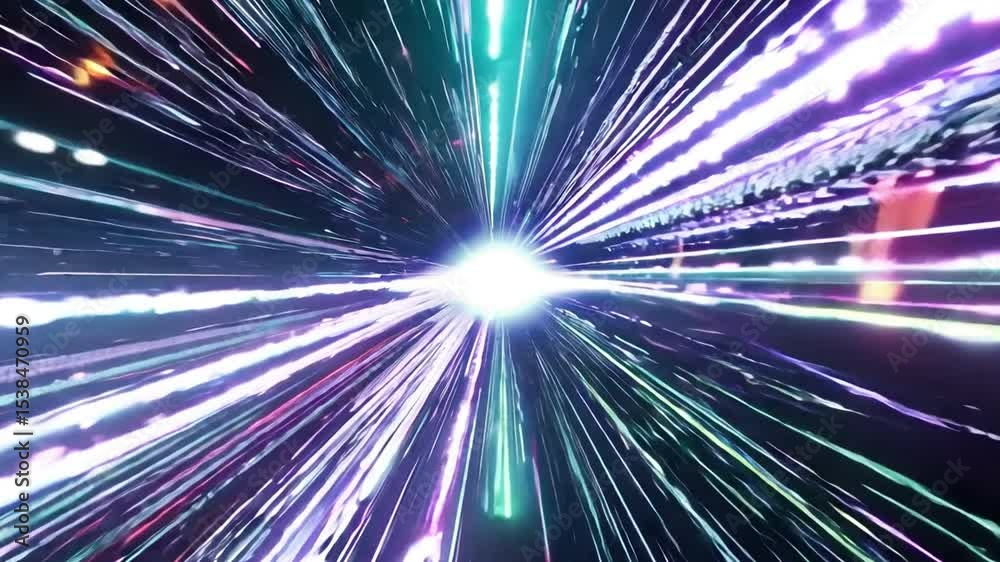 Wall mural dynamic burst of colorful light rays radiating from a center point in a dark space environment 4k vi