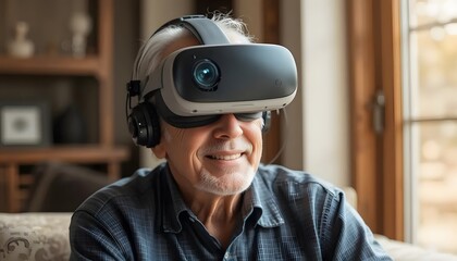 Senior man enjoying virtual reality experience with vr headset at home for entertainment