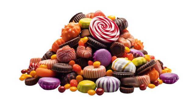 A colorful assortment of various candies piled together on a black background studio shot isolated on transparent background
