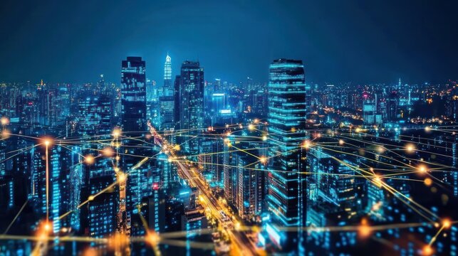 Futuristic city skyline at night with interconnected glowing network lines display