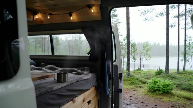 Rainy Day Cozy Van Life Interior with Forest View &ndash; Loop Footage of Camper Lifestyle for Relaxation and Ambience
