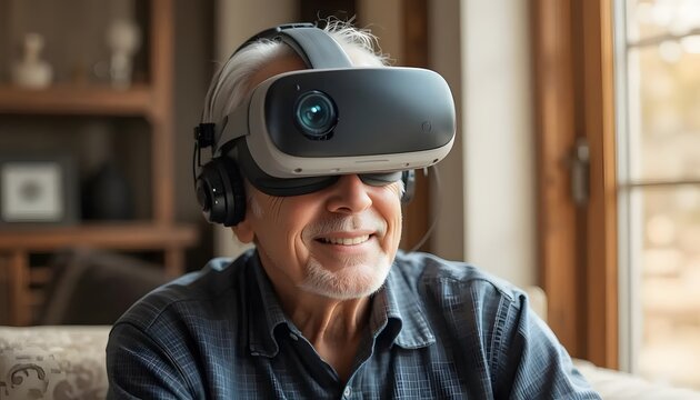Senior man enjoying virtual reality experience with vr headset at home for entertainment - Powered by Adobe