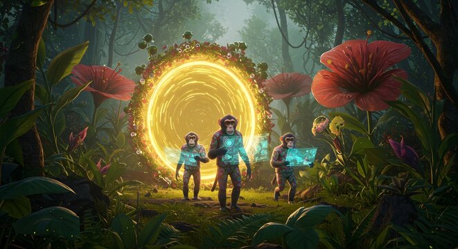 Enchanting Expedition Scientists Discover a Glowing Portal in a Lush, Alien Rainforest  - Powered by Adobe