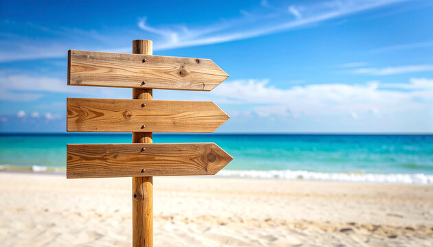 Empty wooden signpost on beautiful beach by the ocean. Travel destination, tourism. Wood pointer. - Powered by Adobe