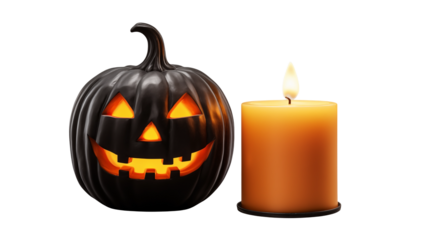 A black halloween pumpkin with a glowing face next to a lit orange candle on black backdrop isolated on transparent background