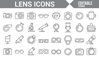 Collection of optical icons suitable for use in photography, eyewear, and vision-related designs.