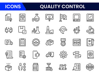 Precise vector web line icons depicting quality control, standards, inspections, testing, and assurance for consistent excellence in processes.