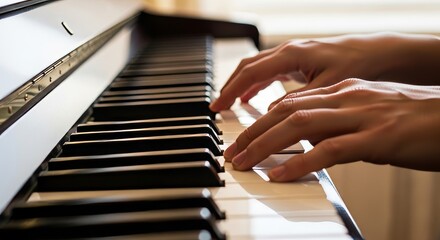 Obraz premium Hands Playing Piano Close Up Soft Natural Lighting Musical Instrument Performance